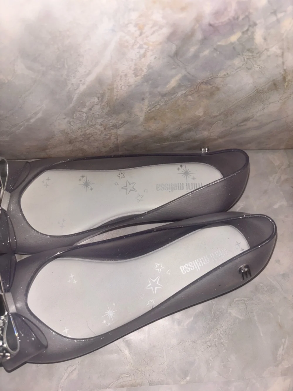 Mini Melissa silver Glitter Bow Peep-Toe Jelly Flats